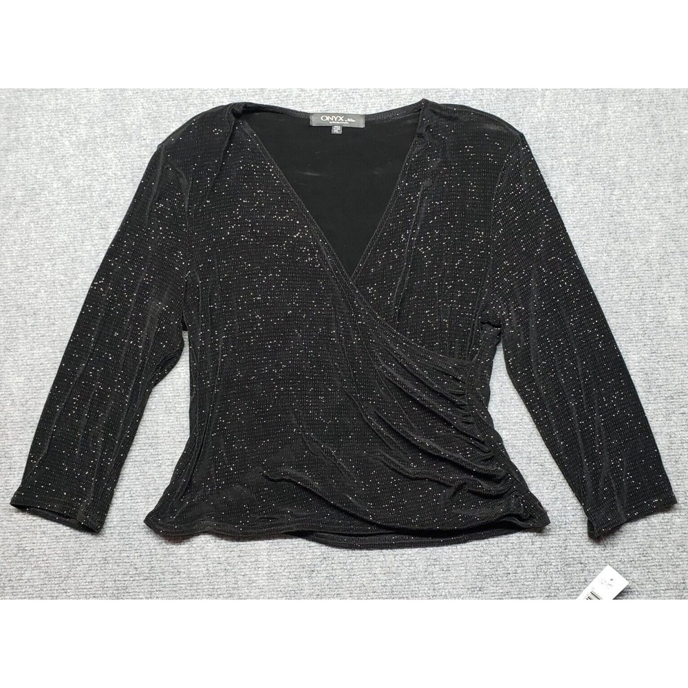 Onyx Nite by Wendye Chaitin Blouse Womens PL Black Glitter V-Neck Long Sleeve